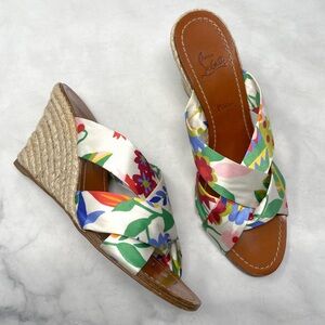 Christian Louboutin Dispo Zeppa 85 Floral Satin Espadrille Wedge Mule Sandals 36